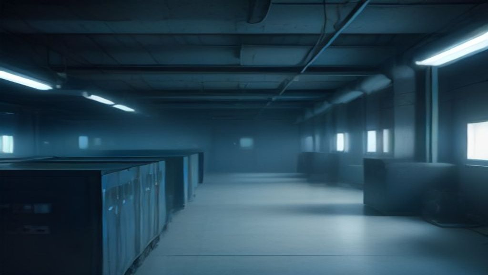 An empty blue-lit industrial data-center hall at night, rows of server racks receding into haze under overhead strip lighting