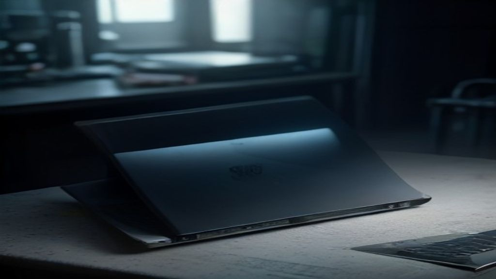 A dark laptop resting on a scratched workbench in a dim blue-lit room, its lid edge catching a cold rim of light