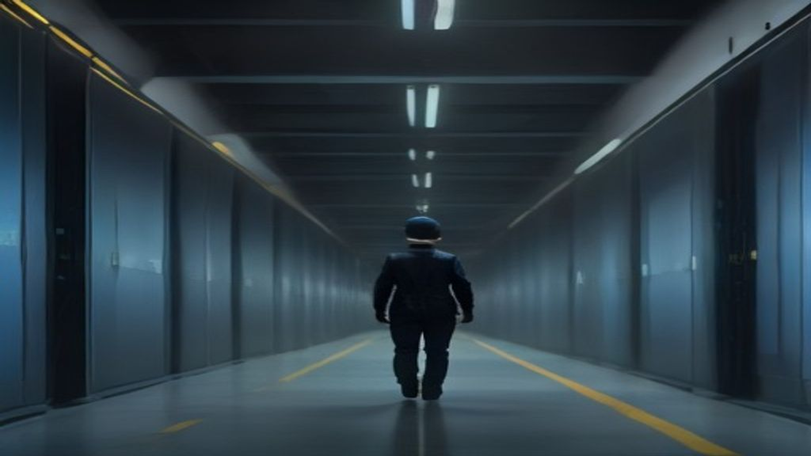 A lone technician walking a long dim data center aisle between unmarked server cabinets that recede to a vanishing point, cool blue rack light and a gold guide stripe on the floor